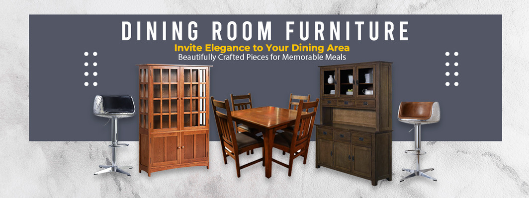 Breakfast room table sets - Dining room furniture display featuring a wooden dining table set, cabinets, and bar stools with the text 'Dining Room Furniture: Invite Elegance to Your Dining Area