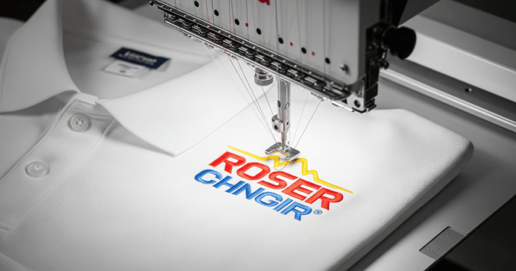 An embroidery machine stitching a digitized logo on a polo shirt