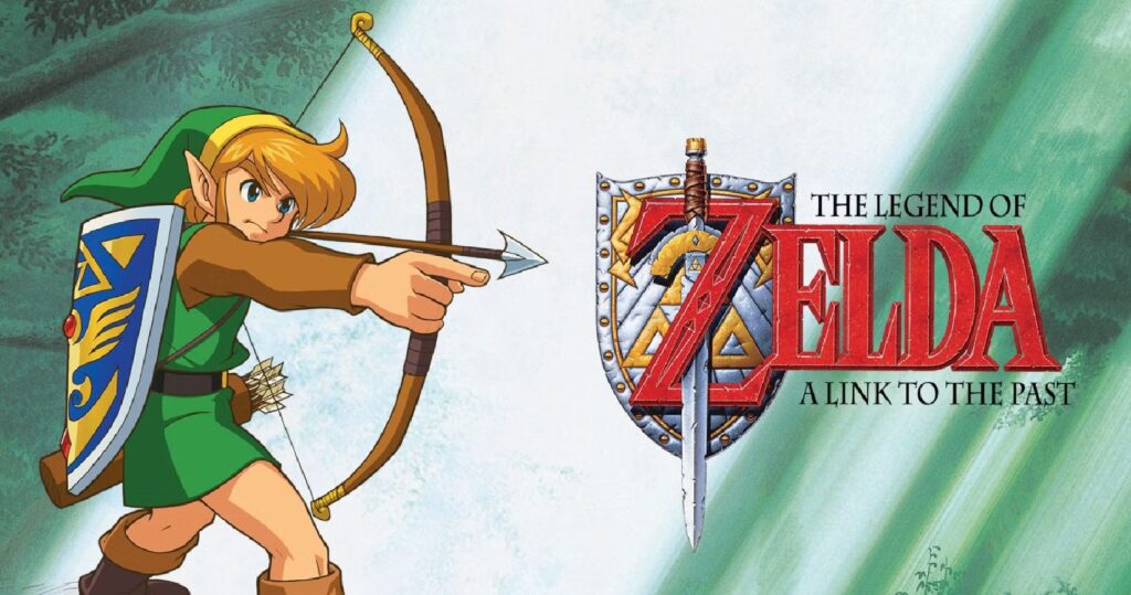 The scene of Link lifting the Master Sword in Lost Woods, one of the main parts of Zelda: A Link to the Past Walkthrough in the game The Legend of Zelda.